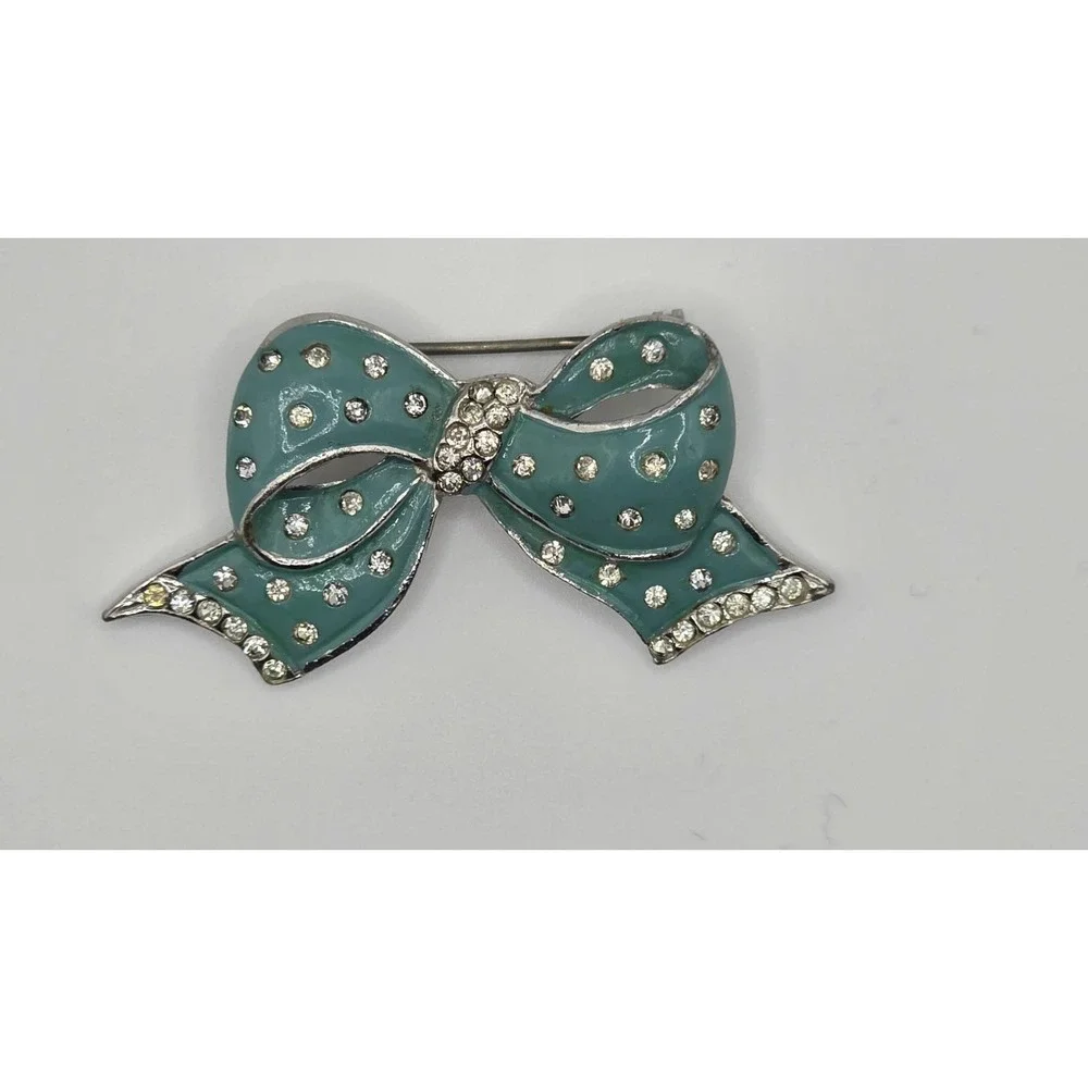 Vintage Silver Tone Blue Enamel Bow Brooch Rhinestone Statement Piece